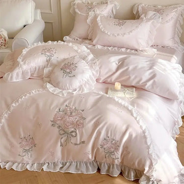 Pink Rose Wedding Egyptian Cotton 1000TC Embroidery Girls Bedding Set